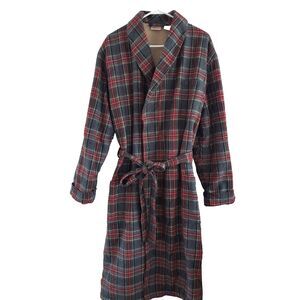 LL Bean Mens Robe L Grey Red Stewart Scotch Plaid Cotton Flannel Sherpa-Lined